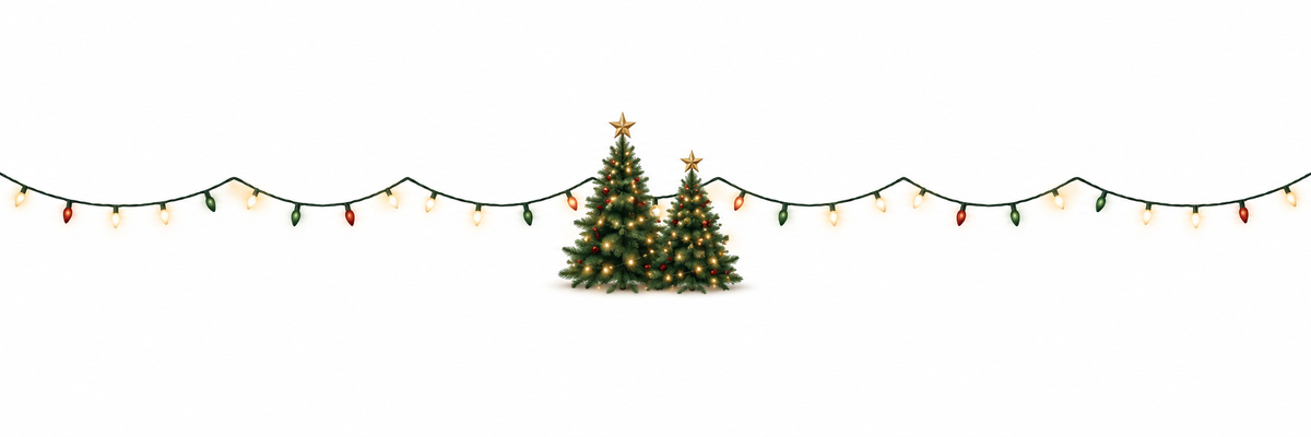 Delicate Christmas lights with two little Christmas trees on white